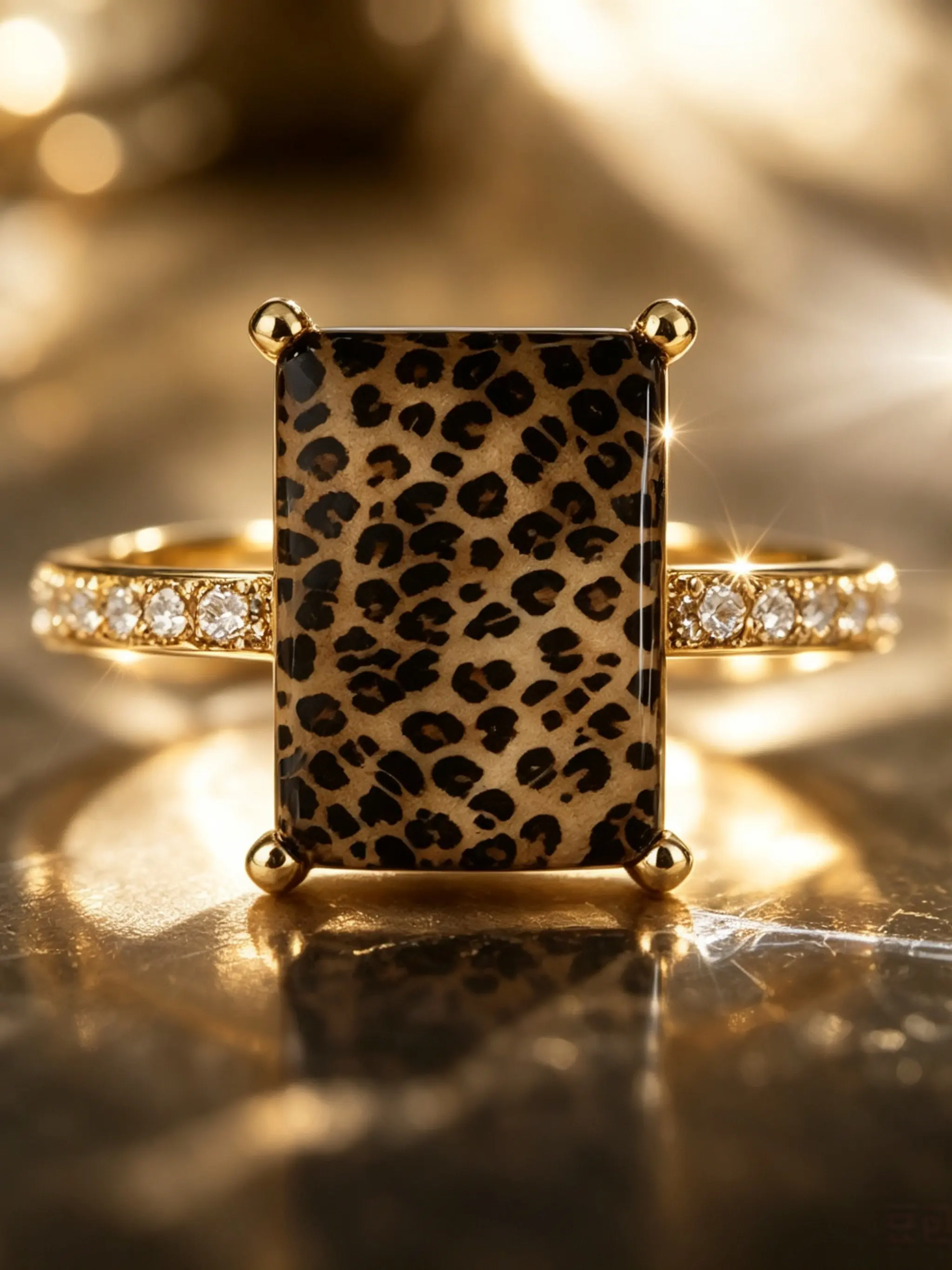 Leopard Print Square Statement Ring, Wild Pattern Design, Animal Theme, Side Embellishments, Bold Personalized Fashion Jewelry Ring