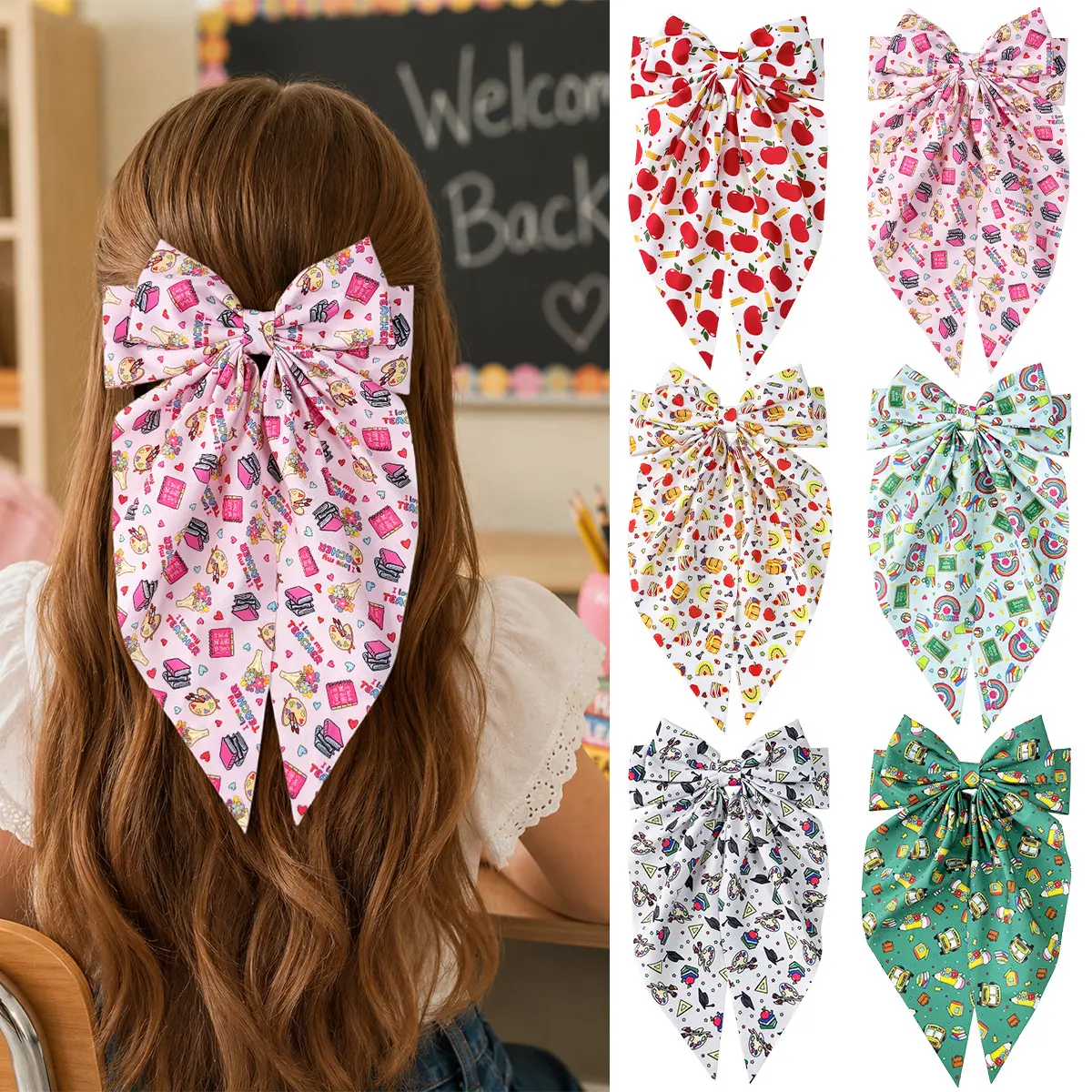 Cartoon Bow Hair Clips for Girls, 3-6 Piece Set of Large Satin Barrettes with Long Streamers, Cute Back to School Fruit & Stationery Print, Cartoons, Female