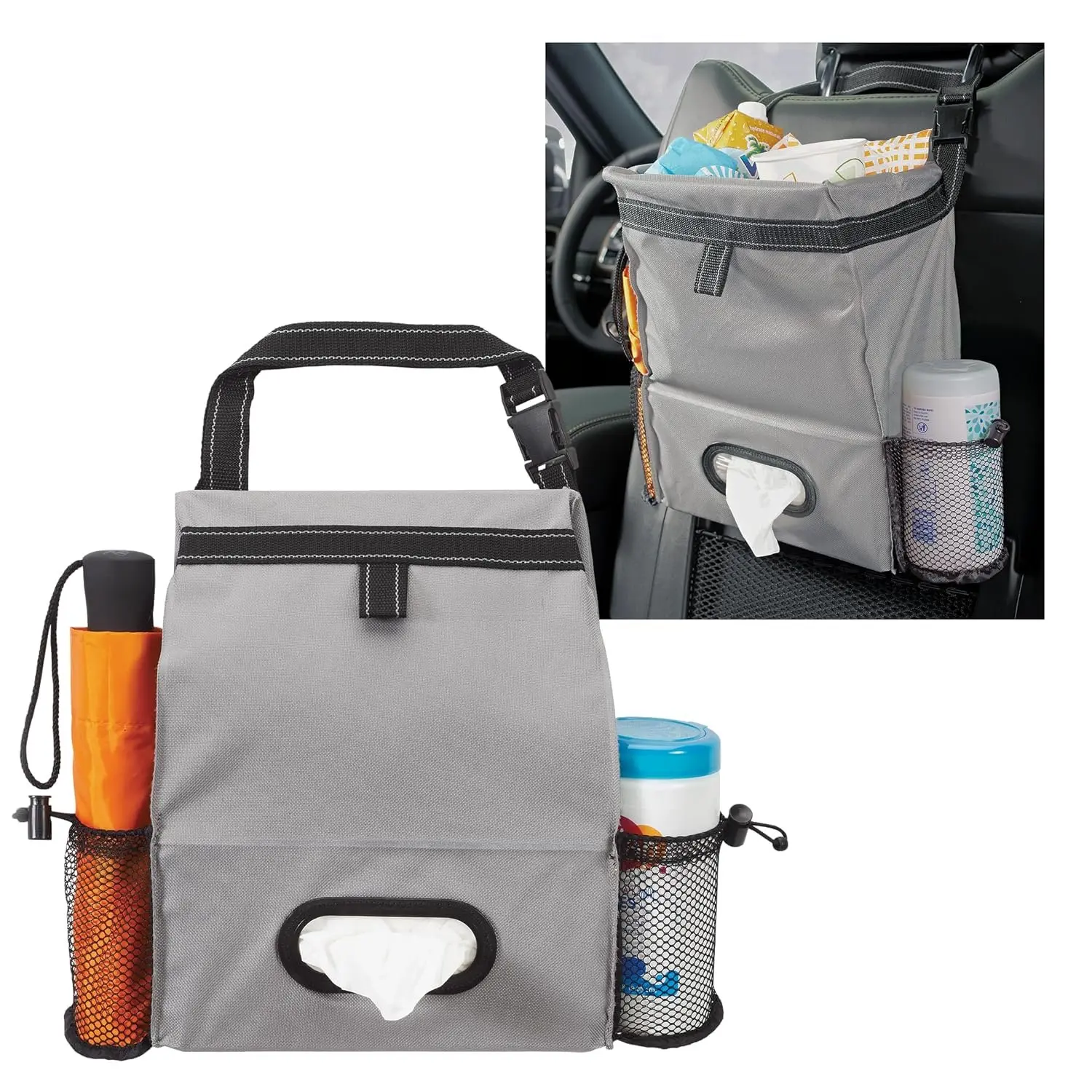Organizer with  Trash Bin and Tissue Holder - Holds Full Size Tissue Box, Bottles and Wipe Containers - 2 Gal Leakproof Covered Trash Can with Push-Close Lid