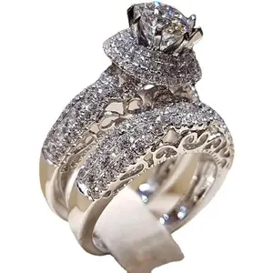 Luxury Silver Bridal Rings Sets AAA Cubic Zirconia CZ Full Diamond Engagements Rings Wedding 2 Pcs Promise Anniversary White Gold Rings for Women Jewelry