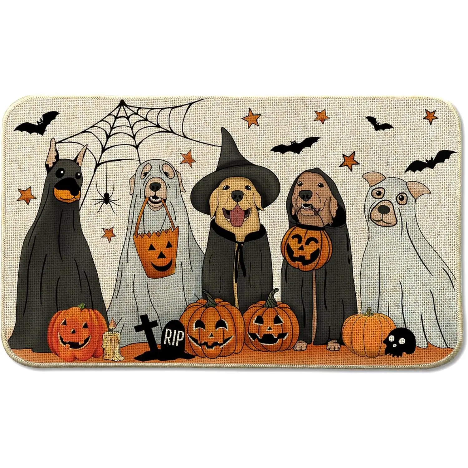 Classic Durable Halloween Pumpkin Dog Front Door Mat - 24x16in, 32x20in - Outdoor Entrance, Front Door Decor, Halloween Celebrations, Autumn Home Accent
