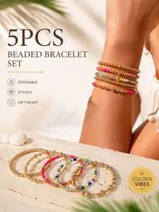5 Pcs Women's Beaded Bracelets Set, Boho Style Geometric Design, Stackable Elastic Bangle, Perfect Gift for Her