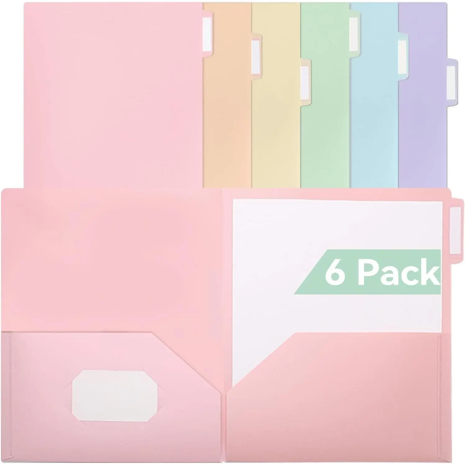 Pastel Plastic Folders with Pockets, 6-Pack 2-Pocket School Folders with Side Tabs, 3 Tab Positions, Tear-Resistant and Easy to Clean, Colorful Labels Included
