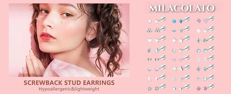 MILACOLATO 24Pairs Screw Back Earrings Stud for Girls Women Surgical Steel Hypoallergenic Cartilage Stud Earrings Tiny CZ Screwback Flat Back Stud Earrings Set Piercing Jewelry Multicolored 20G MILACOLATO 24Pairs Screw Back Earrings Stud for Girls Women Surgical Steel Hypoallergenic Cartilage Stud Earrings Tiny CZ Screwback Flat Back Stud Earrings Set Piercing Jewelry Multicolored 20G