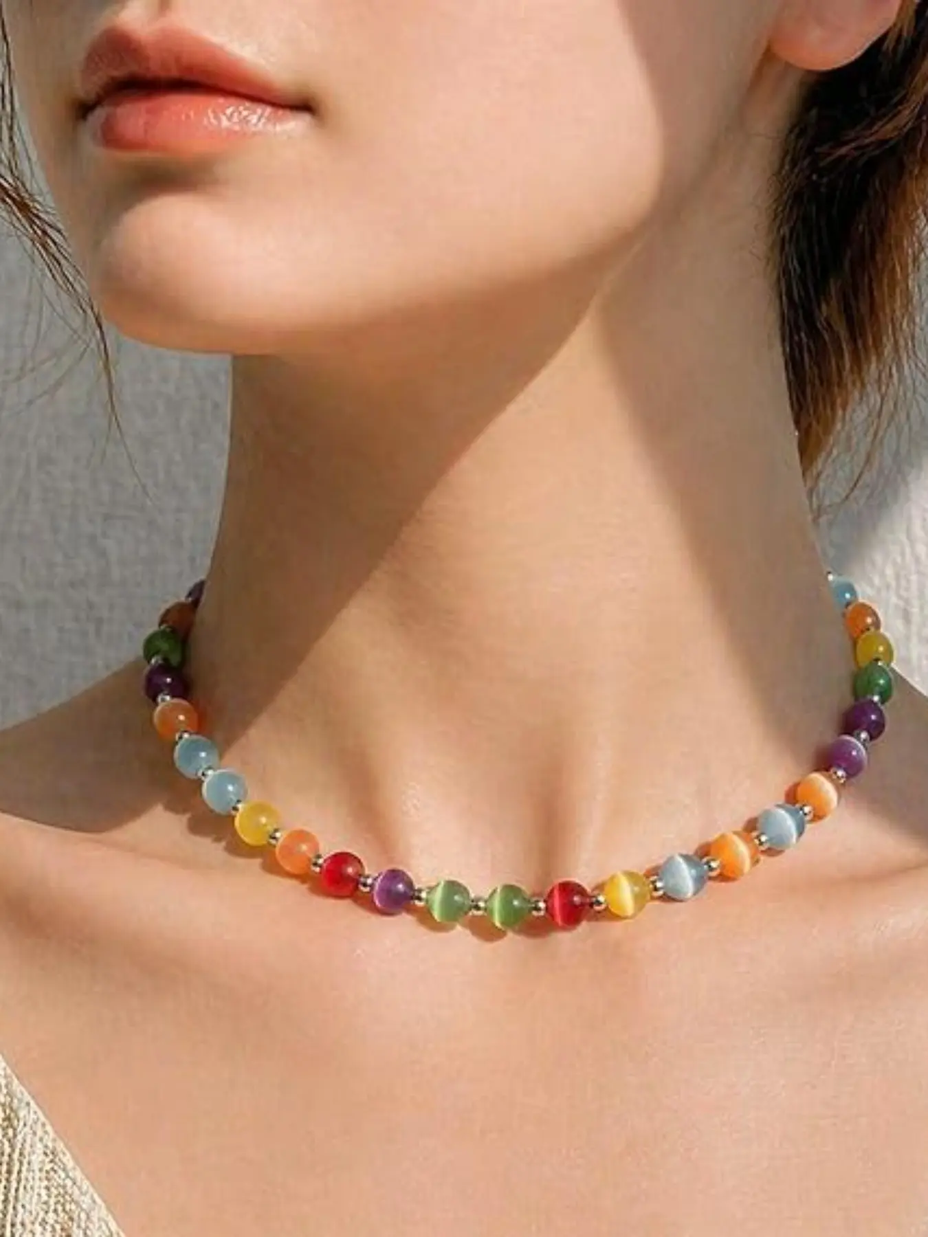 Women's Fashion Necklace, UV color changing rainbow bead choker necklace, sunlight reactive mood bead choker, summer dopamine colorful adjustable neck chain,  rainbow solar reactive bead statement jewelry