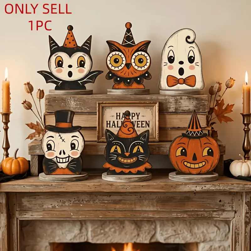 1Pcs Vintage Halloween Wooden Tabletop Ornament, Ghost Pumpkin Black Cat Skeleton Bat Owl Shaped Rustic Farmhouse Design Home Decor Sign, Halloween Party Farmhouse Desktop Decoration, Ideal Gift For Family Friends Colleagues