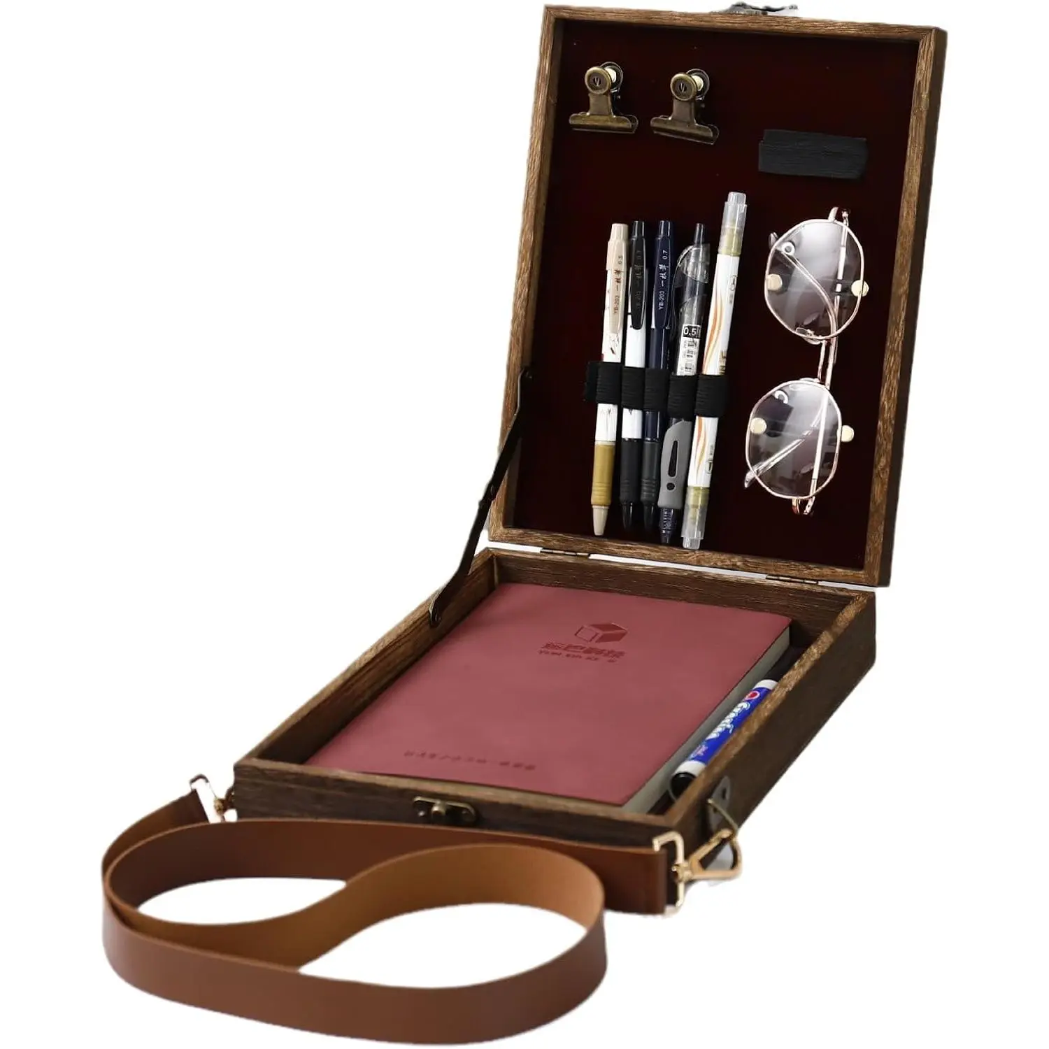 Writers Messenger Wooden Box, Retro Crossbody Sketch Tool Box,Portable Artist Bag Painting Brush Storage,Sketch Box Easel for Outdoor Painting,Field Note Organizer
