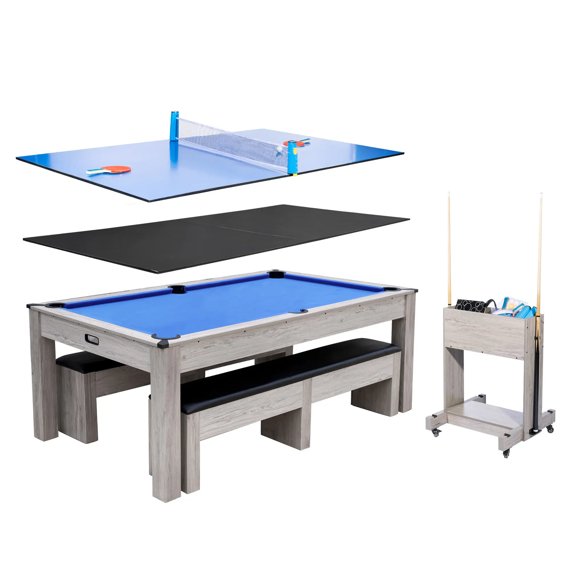 7FT 3-in-1 Convertible Pool Table Set – Billiards, Dining & Table Tennis – Multi-Game Table for Home Game Room – Includes Cues, Balls, Paddles, Net, Rolling Storage Caddy – Black Wood Finish