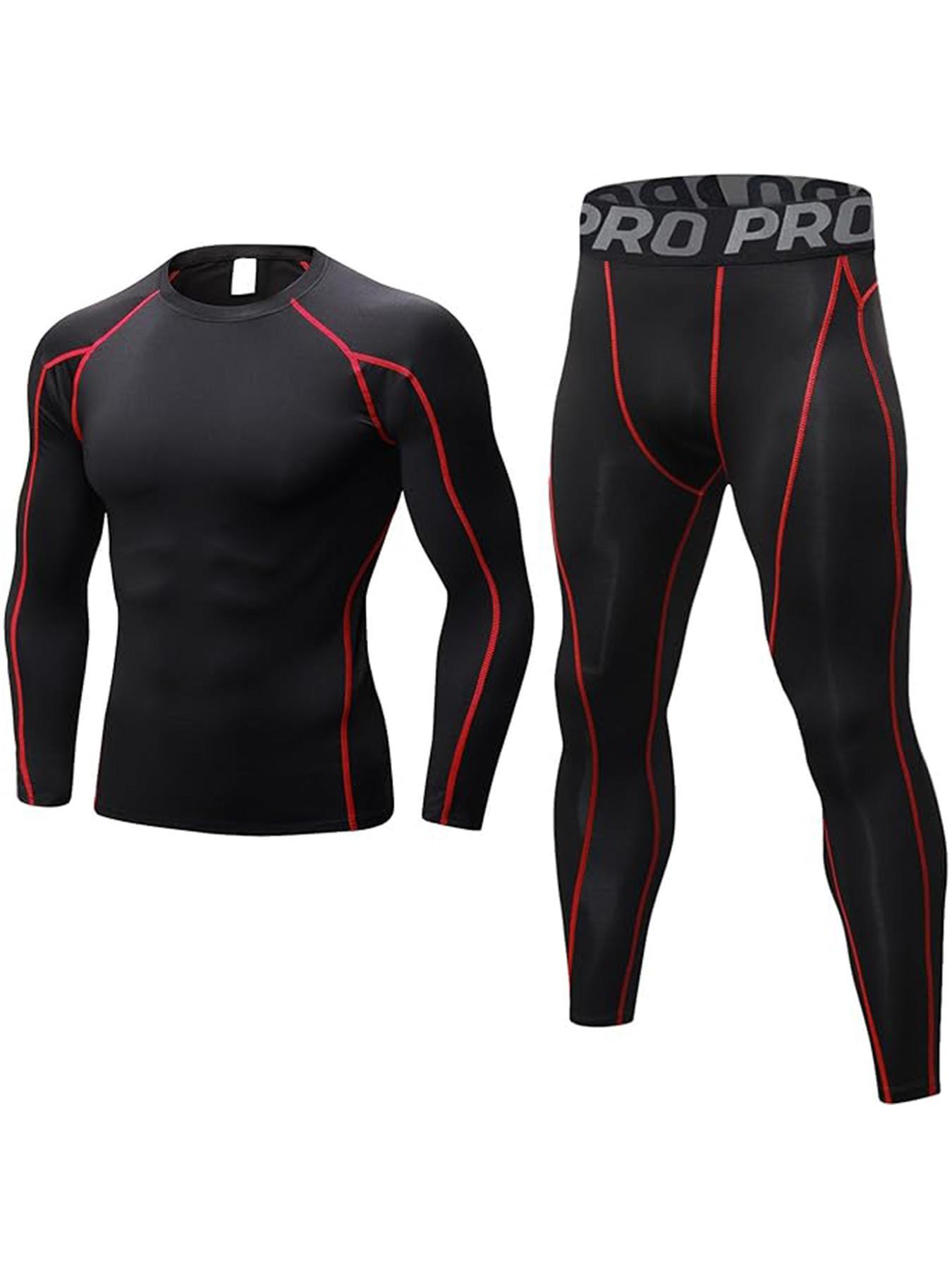 Men's Letter Tape Thermal Underwear Set, Long Sleeve Compression Top & Leggings, Casual Comfy Warm Underwear Set for Fall & Winter