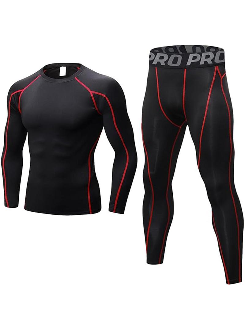 Men's Letter Tape Thermal Underwear Set, Long Sleeve Compression Top & Leggings, Casual Comfy Warm Underwear Set for Fall & Winter