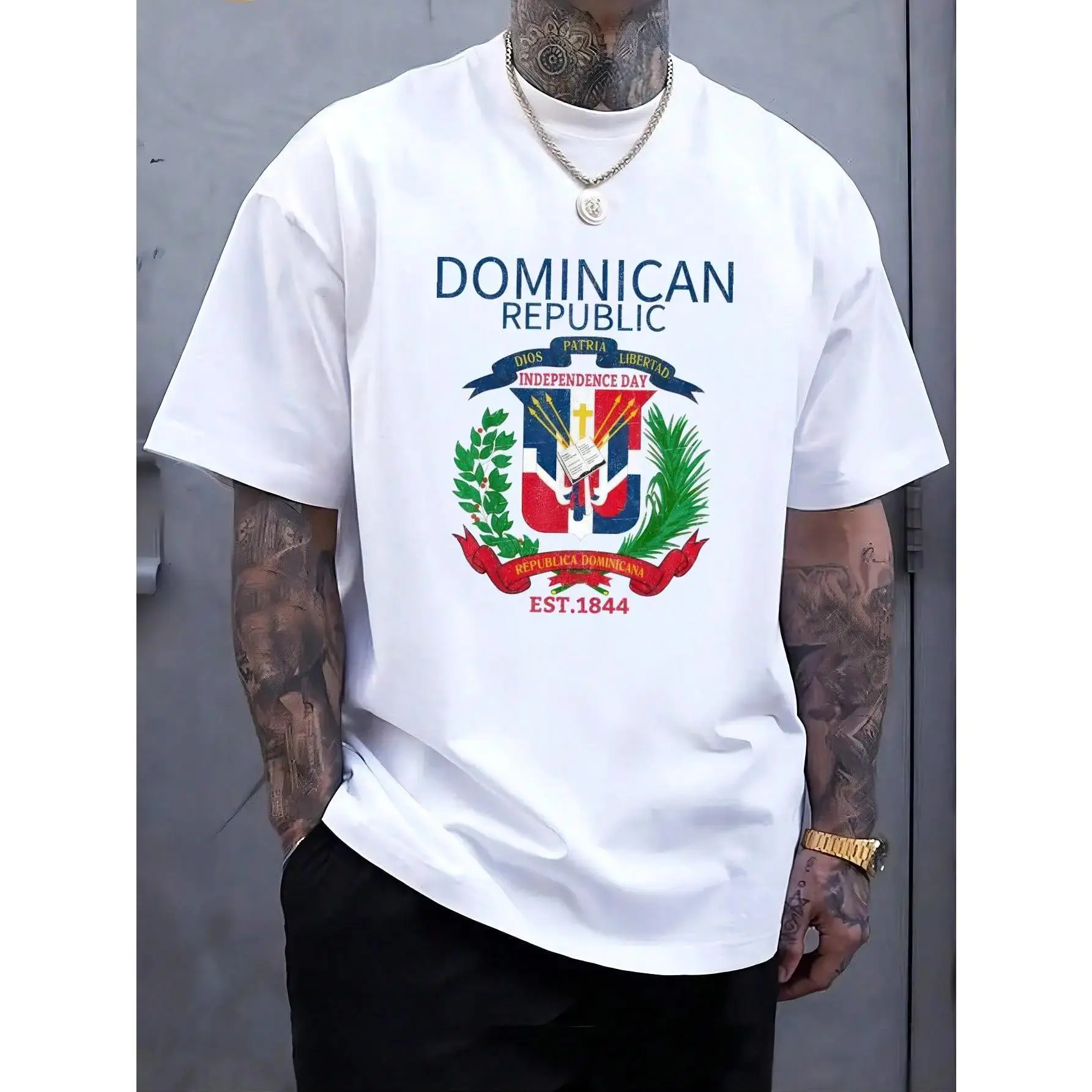 Menswear  Dominican Independence Day Celebration T-Shirt - Round Neck, Short-Sleeve, Soft, Loose, Breathable Summer Casual Men's Top, Shortsleeve, Tshirt, Jackets, Celebration Theme, Avoid Bleach, Avoid Ironing Prints Tropical White
