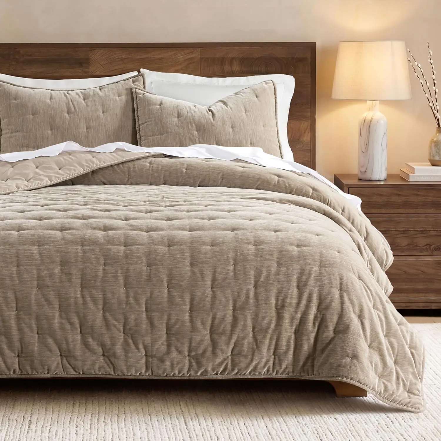 Chenille   Size Quilt Set - Beige Cloud Soft Lightweight Bedspread, Neutral Tan  Country Rustic Coverlet, Taupe Camel Modern Bedding Warm Thin Comforter, 3 count