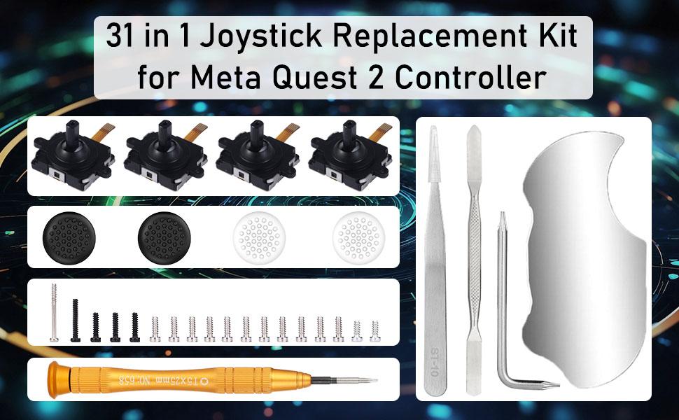 4 Pack Joystick Replacement Kit for Oculus Quest 2 Controller, 31 in One Repair Kit for Meta Quest 2 Controller, Include 4 Thumb Sticks, 4 Thumbstick Grips, 18 Screws, 2 T5 Screwdrivers and More
