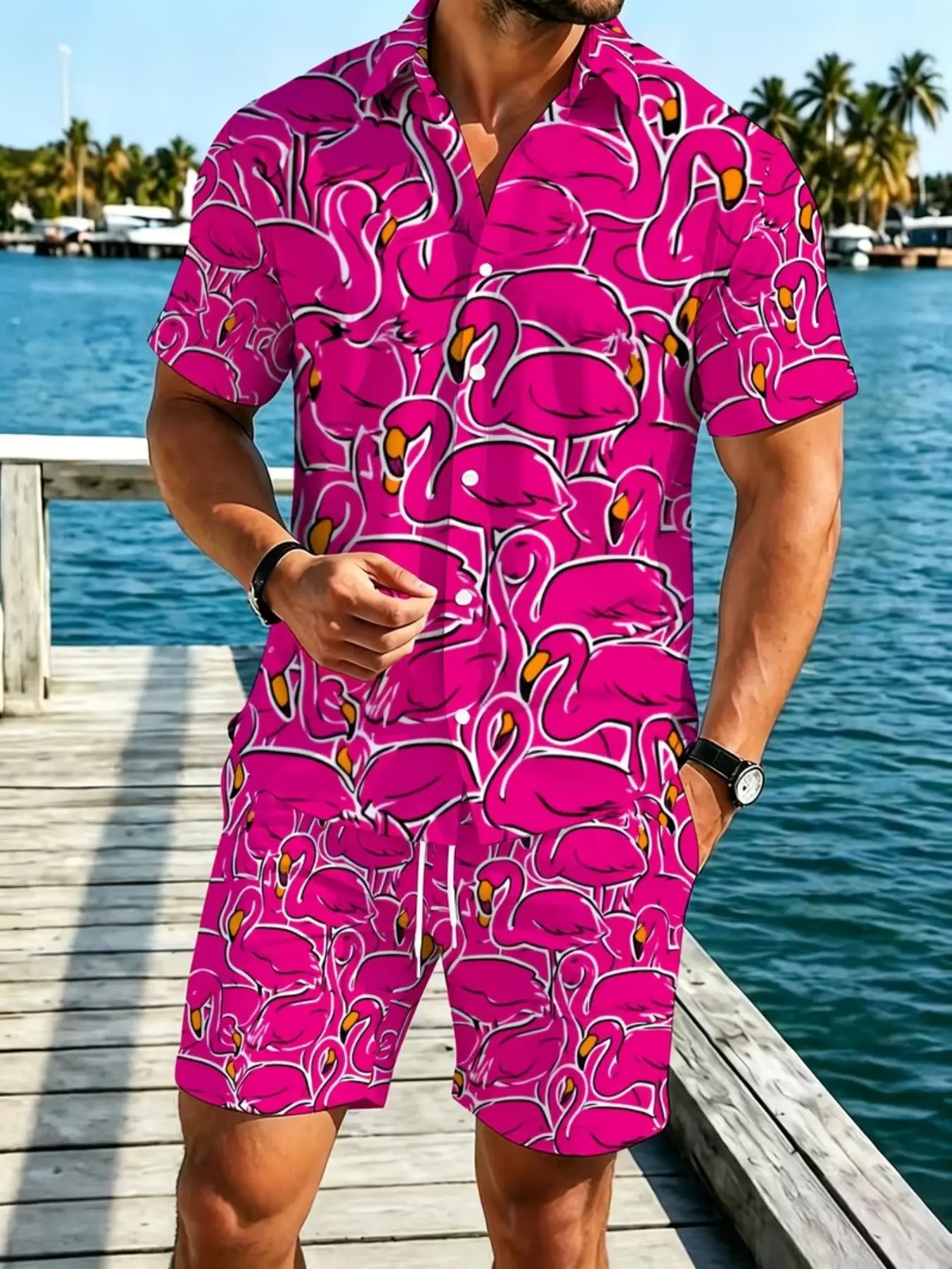 Men's Peacock Print Polyester Short Sleeve Shirt and Pants Set, Lightweight Comfortable Casual Wear, Beach Pool Party Outdoor Activities
