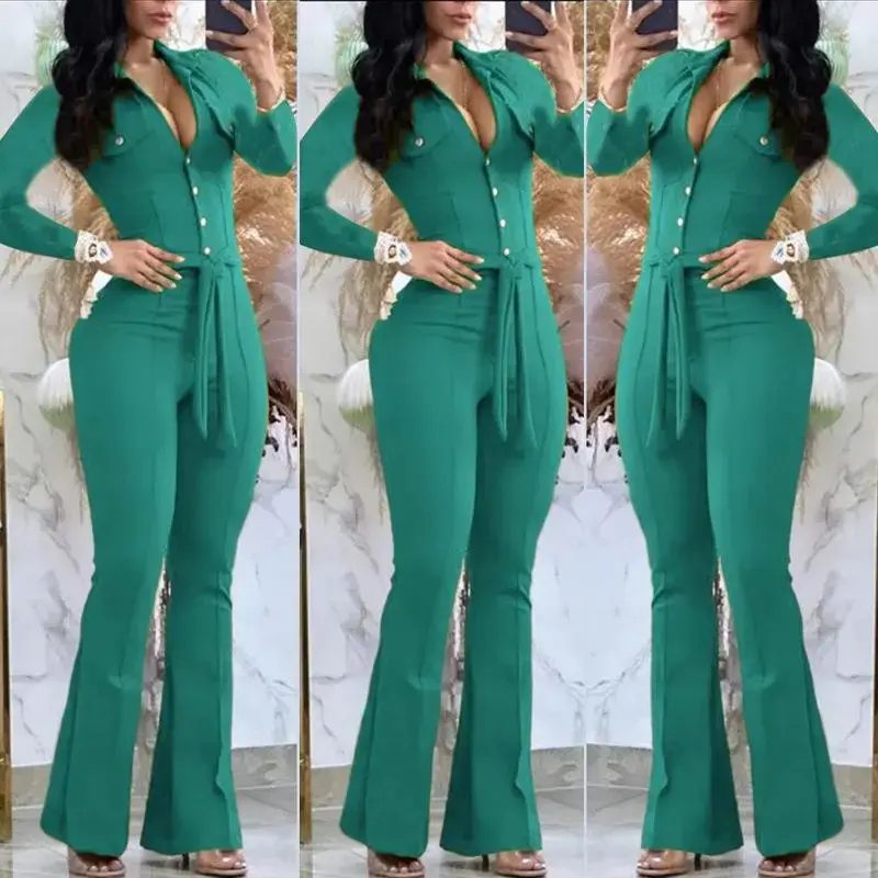 Autumn Winter Long-Sleeved Shirt Collar Mid-Waist Temperament Commuter Jumpsuit Bag Casual Women's Sexy Wide Leg Overalls Elegant Formal Party Clothes