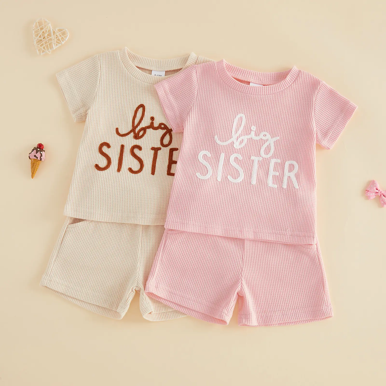 Toddler Baby Boy Girl Sister Brother Matching Outfit Big Sister&Big Brother Embroidery Waffle Knit Top+Short 2pcs Summer Set Sibling Clothes