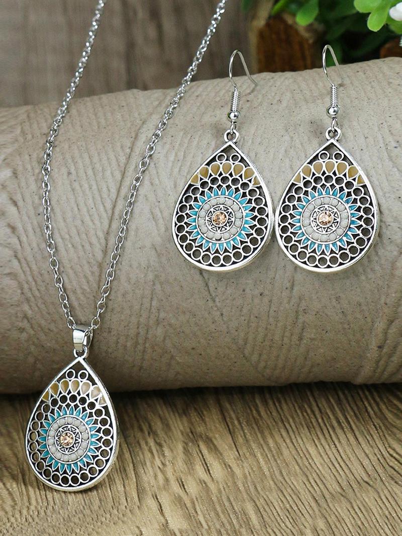 2pcs/set Boho Style Water Drop Shaped Pendant Necklace and Dangle Earrings, Vintage Style Ethnic Pattern Design Dangle Earrings, Fashionable Jewelry Set, Fashion Zinc Alloy Jewelry Set for Women and Girls, Jewellery Gift Set
