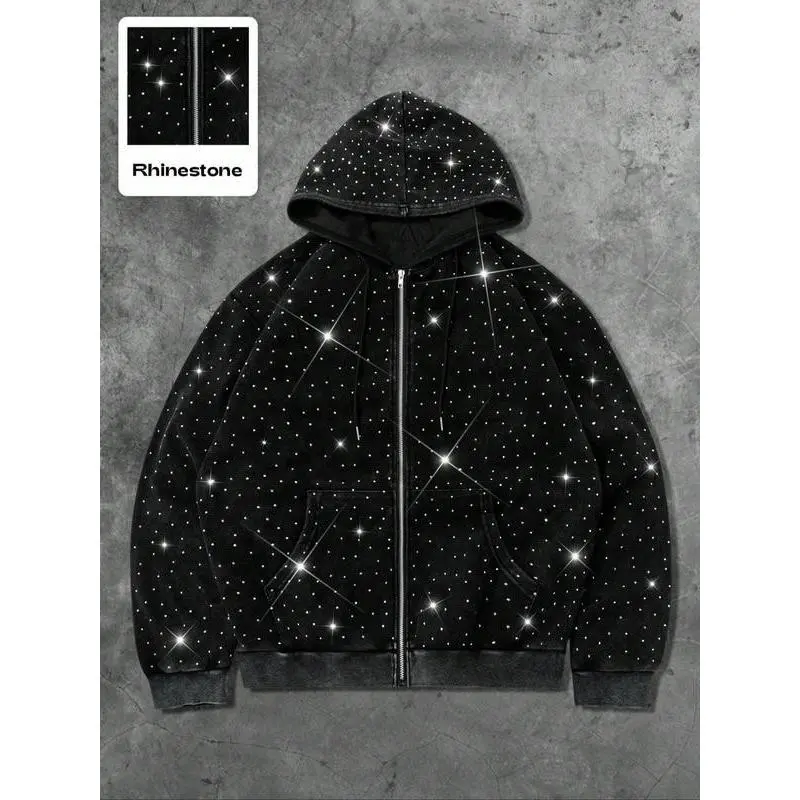 Hooded rhinestone hoodie, casual and fashionable, warm and comfortable, perfect for autumn and winter, men's top for daily and outdoor activities