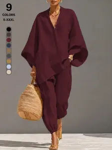 Chic Vacation Two-Piece Linen Set, Oversized Split Neck Top, Ruched Ankle Pants, Casual Summer for Coastal Resorts & Errands, Clothes