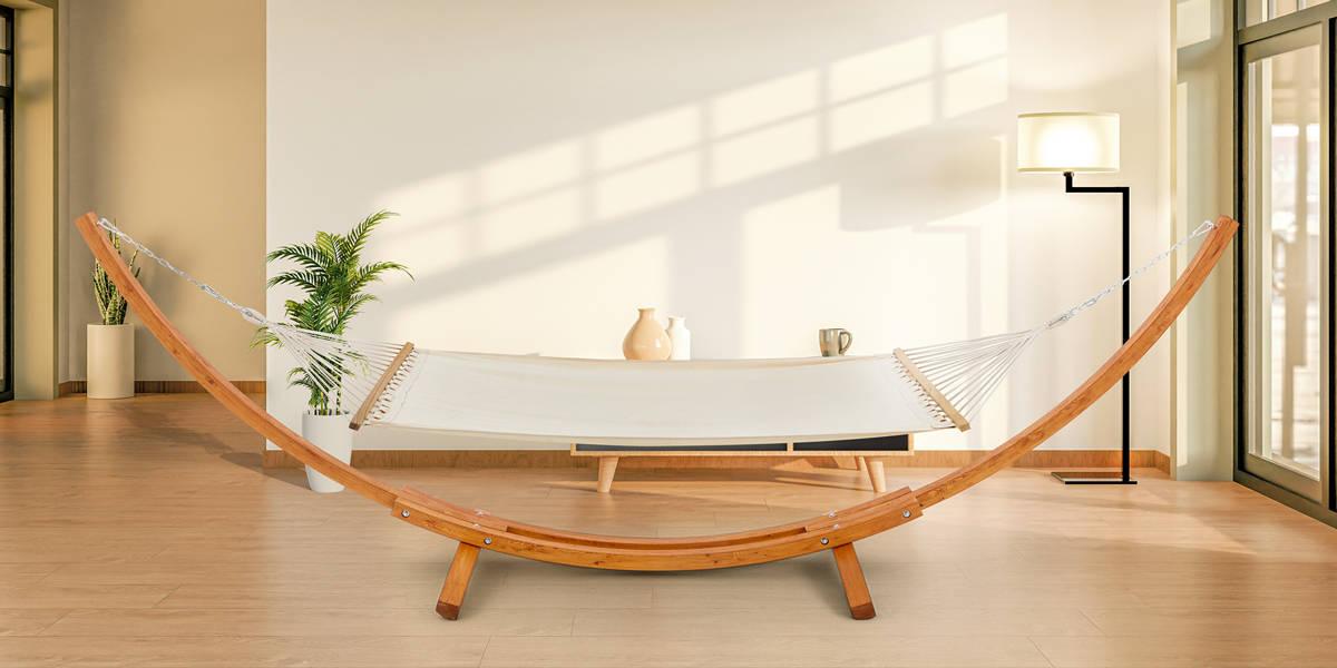 Wooden Bar Hammock with Stand, Heavy-Duty Larch Wood Frame, Breathable Fabric Double Hammock for Backyard, Garden, Patio or Indoor Use