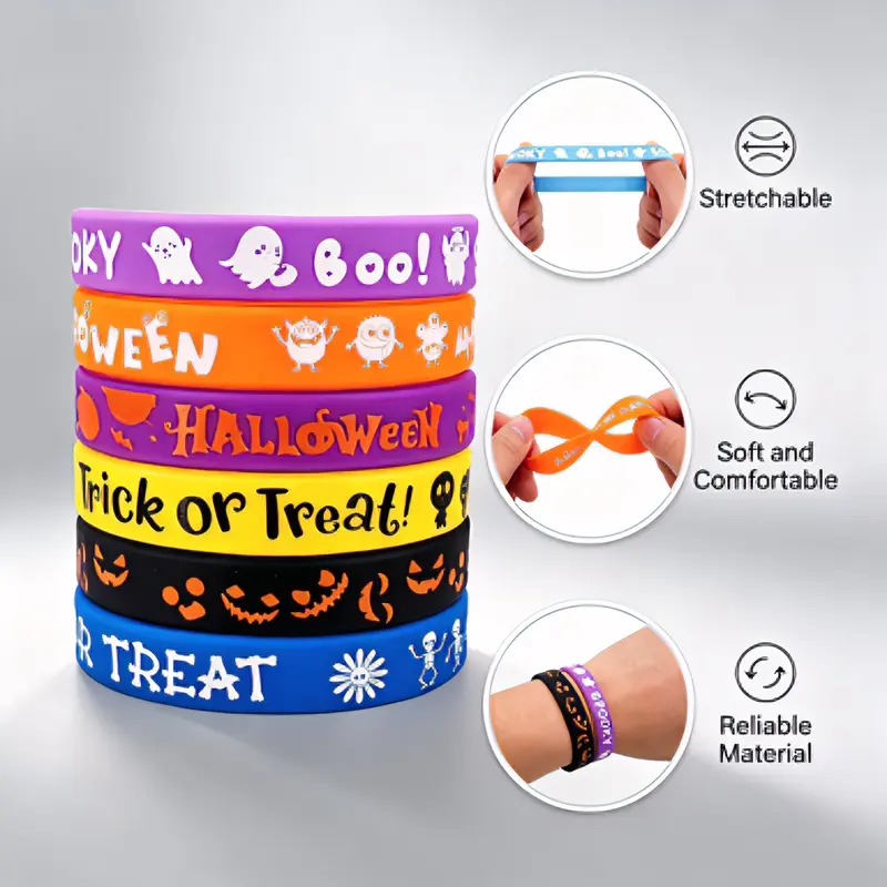 6/12Pcs Halloween Themed Silicone Wristbands, Pumpkin Ghost Skeleton Rubber Bracelets, Kids Halloween Party Favors Giveaways, Trick Or Treat Carnival Exchange Birthday Holiday Gifts, Elastic Bracelets, Mix Bracelets
