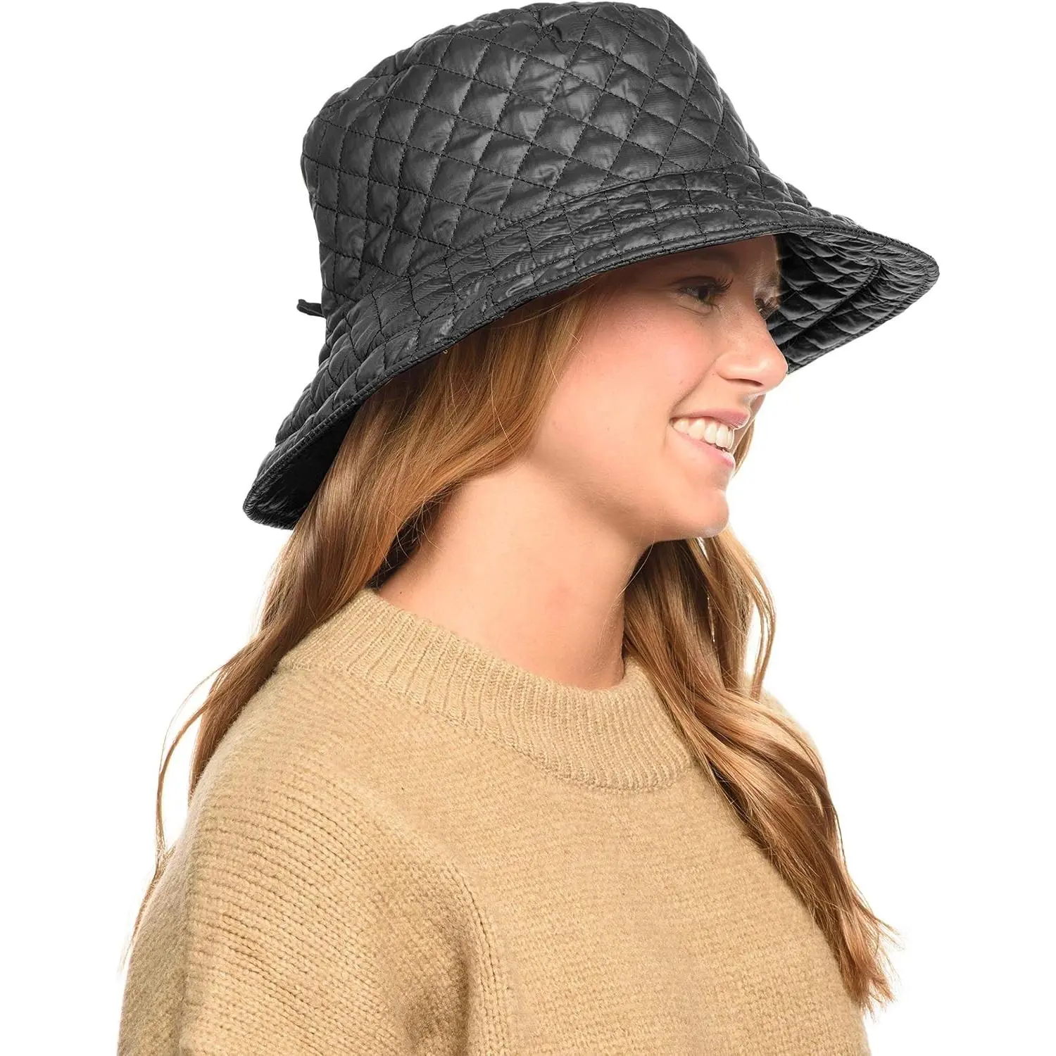 Foldable Water Repellent Quilted Rain Hat w/Adjustable Drawstring Bucket Cap