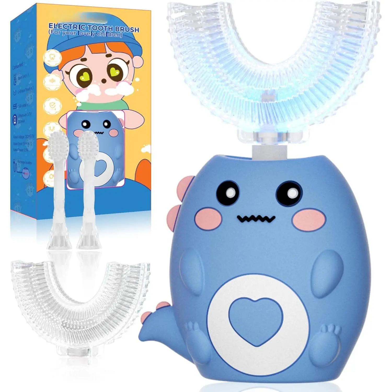 Kids Dinosaur Cartoon U-Shaped Sonic Electric Toothbrush - 3 Cleaning Modes, 4 Brush Heads, 360° Rotation, IPX7 Waterproof (Ages 2-12)