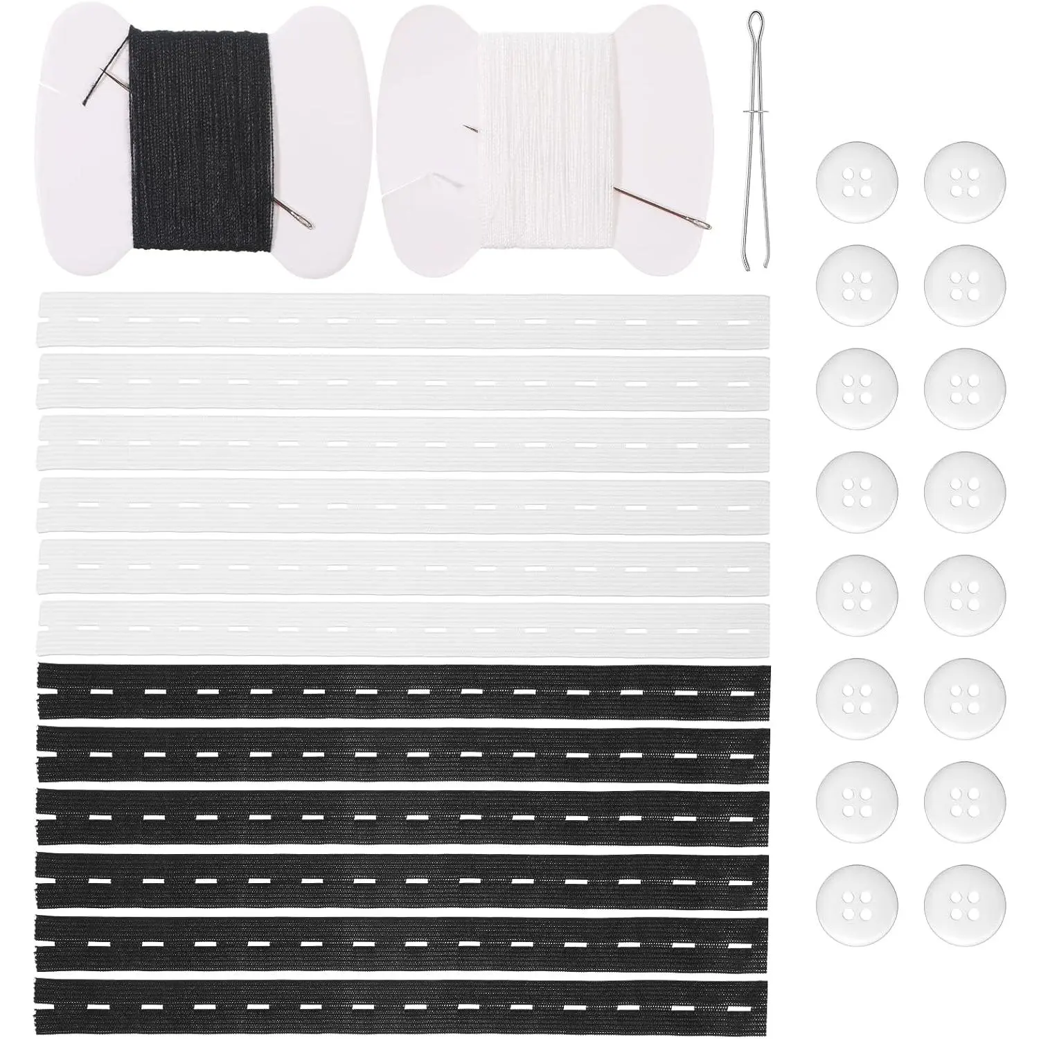 12 count Elastic Jean  Tightener Set - Invisible Adjustable Waistband Tighteners with Buttons & Sewing Kit for Loose Jeans, Pants, Skirts (Black & White)