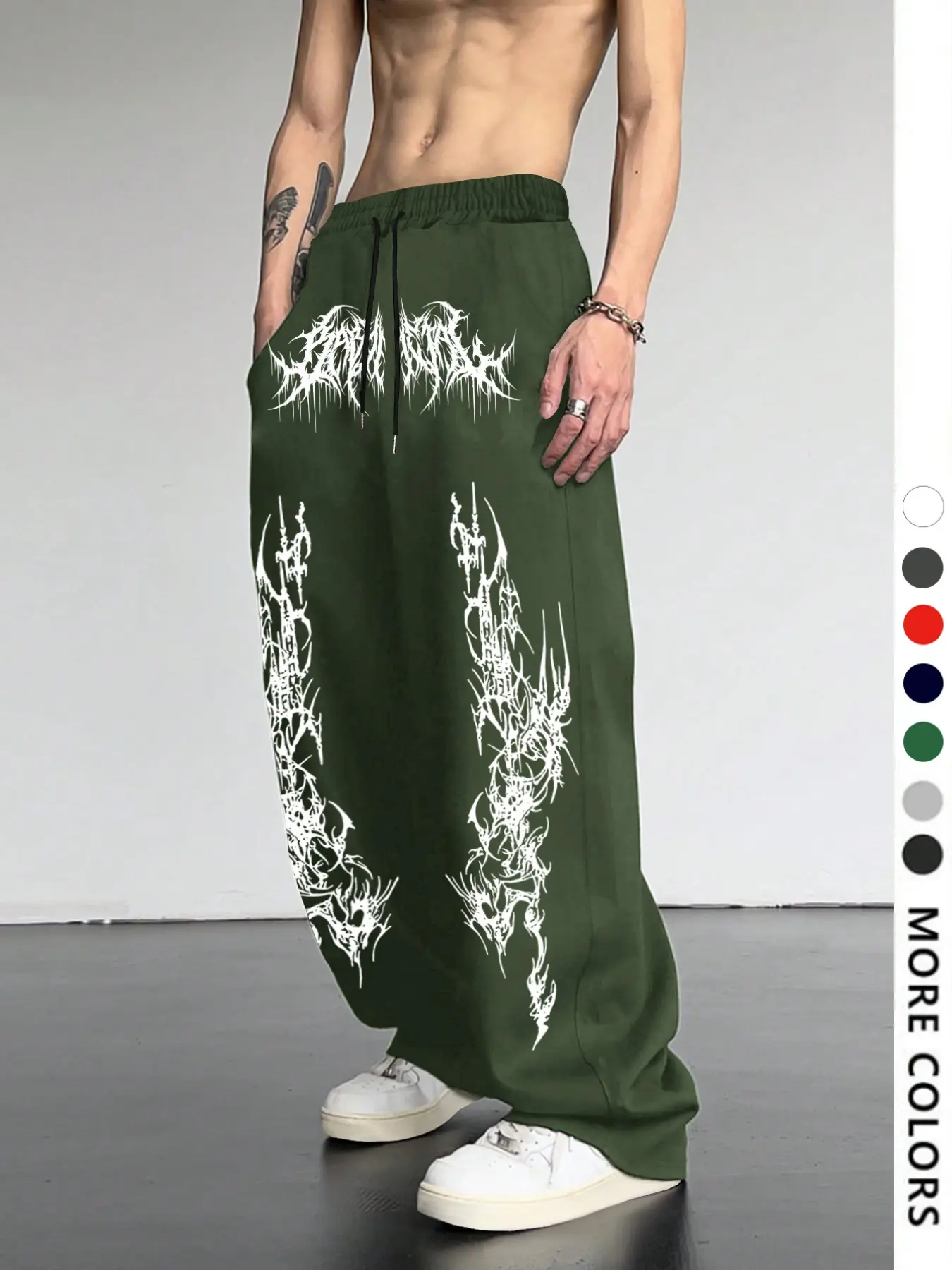Men's Casual Sporty Long Pants, Gothic Pattern Print Sweatpants, Drawstring Wide Leg Leisure Long Pants, Suitable for All Seasons