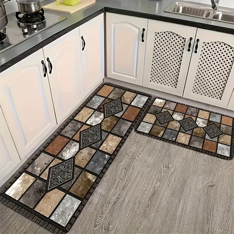 2D Flat 2pcs Brown Kitchen Absorbent Diatomaceous Earth Floor Mats, Vintage Plaid Style Long Rugs, Oil And Non-slip Backing, Fast Drying, Machine Washable, Soft And Comfortable, Suitable For Kitchen, Laundry Room, Bathroom, Hallway, Home Decor Rugs