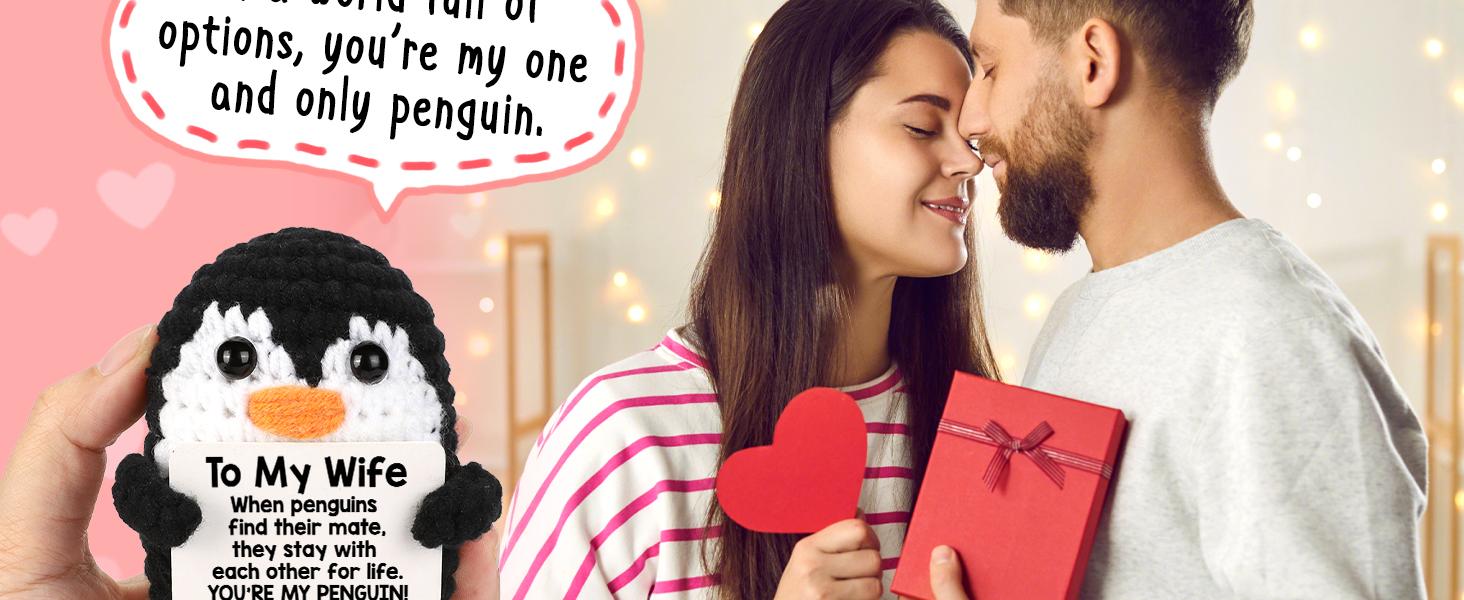 Gifts for Her Wife from Husband Birthday Christmas, to My Wife Handmade Crochet Emotional Mini Funny Penguin, Romantic Wedding Anniversary Valentines Gifts for Women Her, Small Cute Love Sign Decor