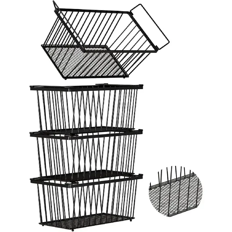 4-Pack Stackable Black Rectangular Freezer Organizer Bins with Reinforced Leak-Proof Mesh Base, Metal Frame Deep Storage Containers, Fits 7 Cu.Ft Small Freezer Home Kitchen Organizer Accessories, Fits Small Freezer