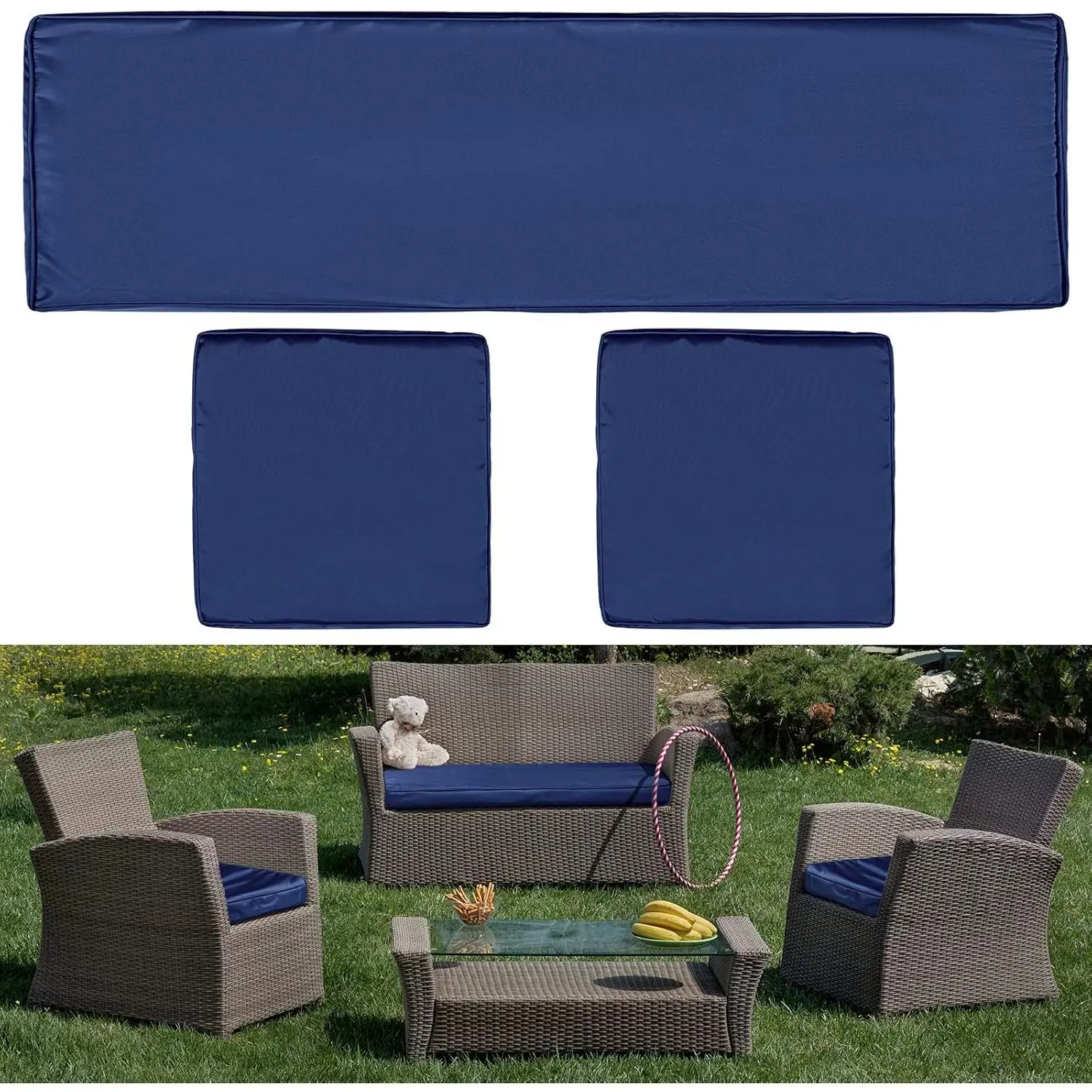 3 Pcs Cushion Covers Cushion Covers 2 Covers 18 x 18 x 2 and 1 Cover 42 x 18 x 3 for Furniture Washable Resistant for Couch Sofa (Dark Blue)