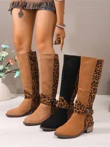 Women Two Tone Suede Leopard Print Patchwork Knee High Western Boots Buckle Strap Block Heel Side Zipper Cowboy Tall Boots For Country Concert Street Y2K Outfit