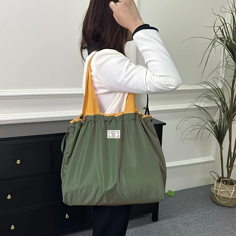 Chic Two-Tone Drawstring Shopping Bag - Foldable, Fixed Shoulder Strap, with Label Patch, Ideal for Daily Use, Large Capacity Bag