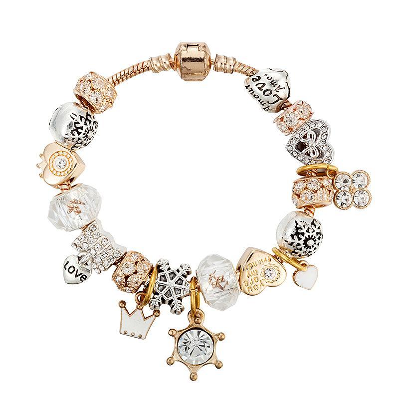 Beaded Crystal Bracelet with Crown, Heart & Snowflake Charms, Elegant Fashion Jewelry for Women, Perfect for Daily Wear, Parties & Gifting