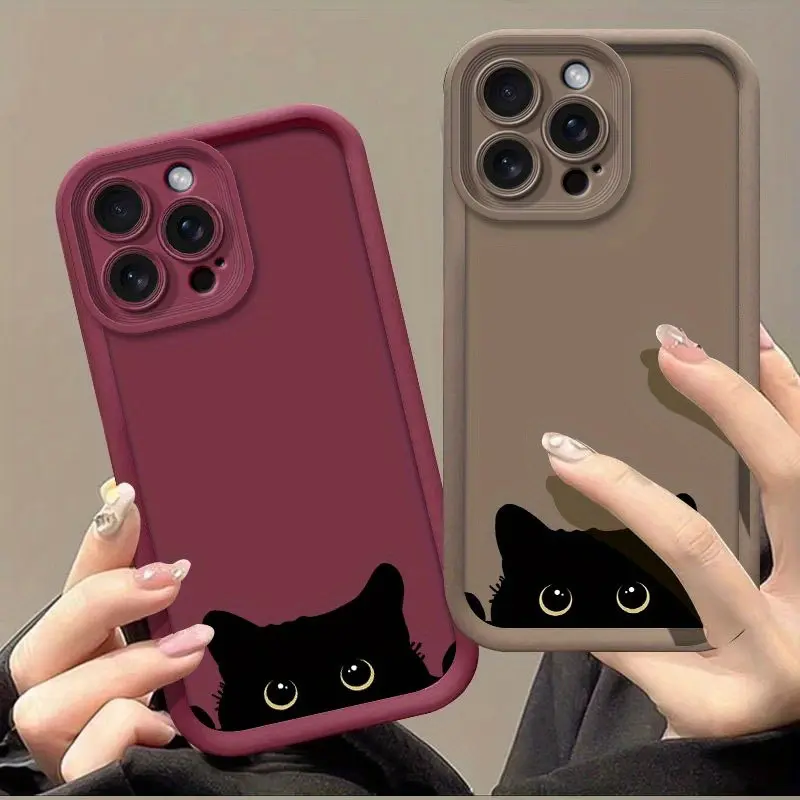 Peeking Black Cat Kitty Print Soft Silicone Smartphone Case - Shockproof Flexible Cover, Precise Cutouts, Phone Accessories Protector Fits iOS iPhone 11-17 Air/Pro Max, Trendy Gift for Women