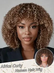 10 Inch Human Hair African Curly Wig With Bangs, Full Machine Made Natural Curl, Comfortable Wearing Experience, Minimal Shedding, Women Daily Casual Hairstyle