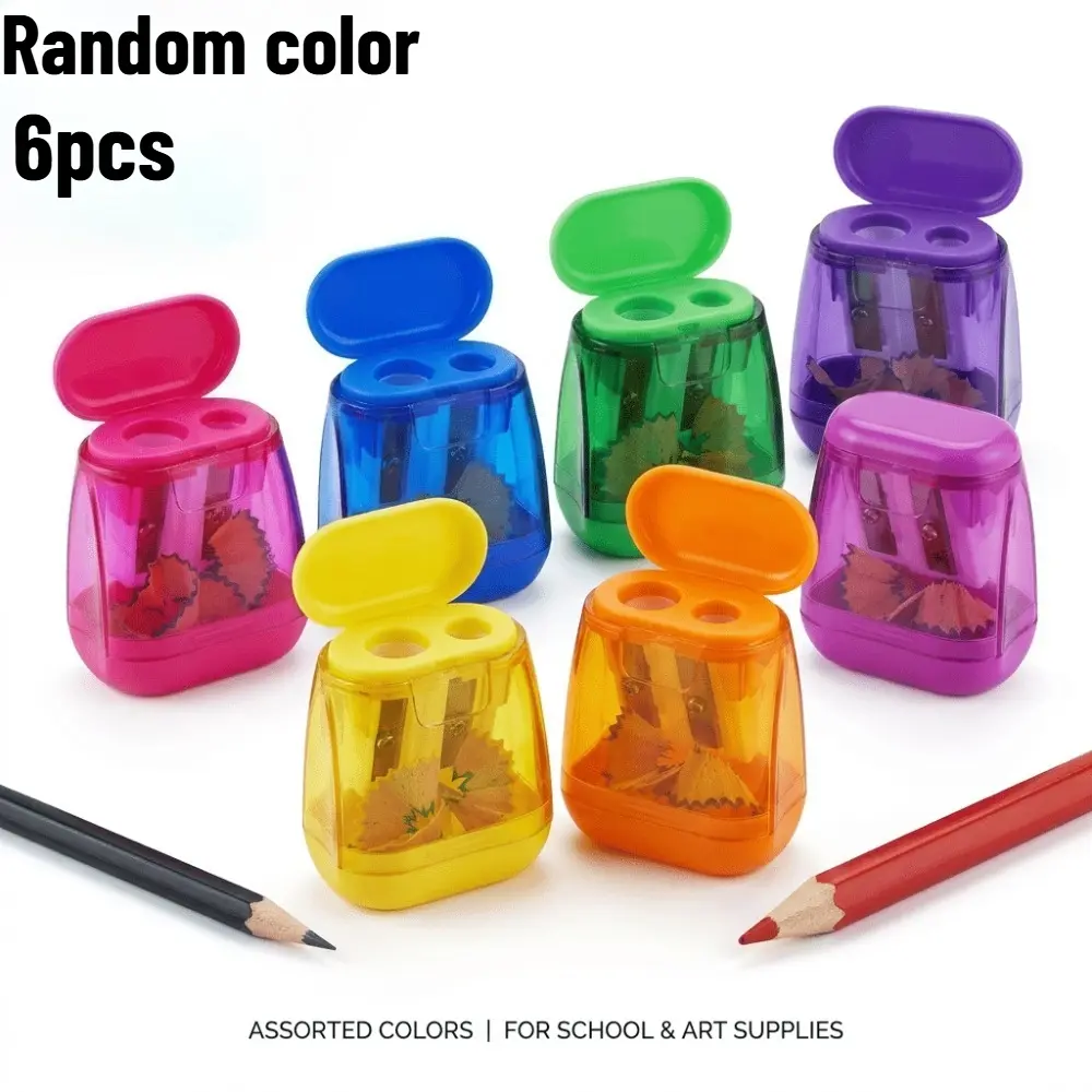 6Pcs Random Color Double Hole Portable Manual Pencil Sharpeners With Lid Storage Box Dual Size Fits Standard & Large Pencils Compact Pocket Pencil Cutter School Classroom Sketch Drawing Art Supplies For Kids Students Daily Writing Use
