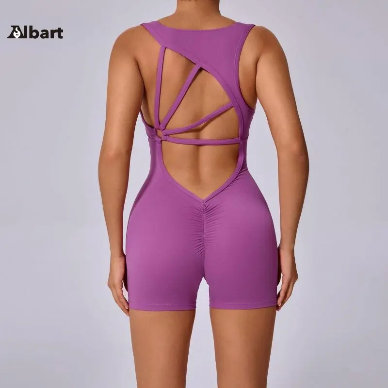 Women Multi Color Sleeveless V Neck Crisscross Strappy Open Back Bodysuit, Stretch Scrunch Butt Short Unitard, Diamond Cross Strap Back Cutout One Piece Workout Romper For Gym Training, Yoga, Pilates, Dance And Daily Casual Street OOTD