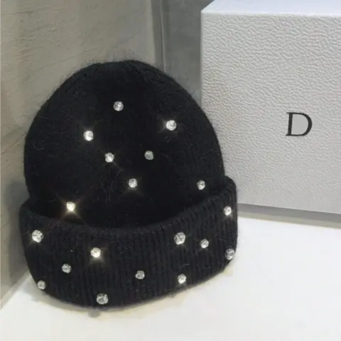 1PC Unisex High-Quality Solid Color Faux Rabbit Fur Cozy with Rhinestones, Super Soft Stylish High Stretch Multi-Purpose Cute Knitted Hat Beanies for Autumn & Winter