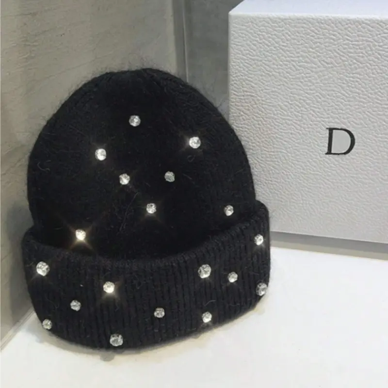 1PC Unisex High-Quality Solid Color Faux Rabbit Fur Cozy with Rhinestones, Super Soft Stylish High Stretch Multi-Purpose Cute Knitted Hat Beanies for Autumn & Winter