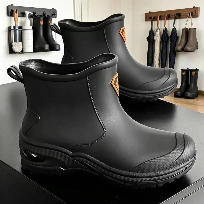 Men's Short Rain Boots Urban Water Boots Non-slip Wear-resistant Wading Boots Men's Trendy Lightweight Waterproof Rubber Shoes