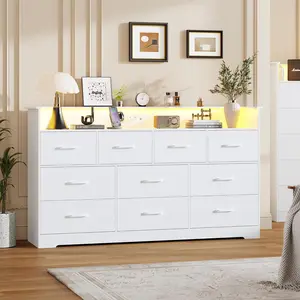 10-Drawer Dresser for Bedroom, 65” Wide Chest with LED Lights and Built-In Charging Station, Modern TV Stand & Storage Cabinet with Open Shelf for Living Room, Entryway, or Hallway