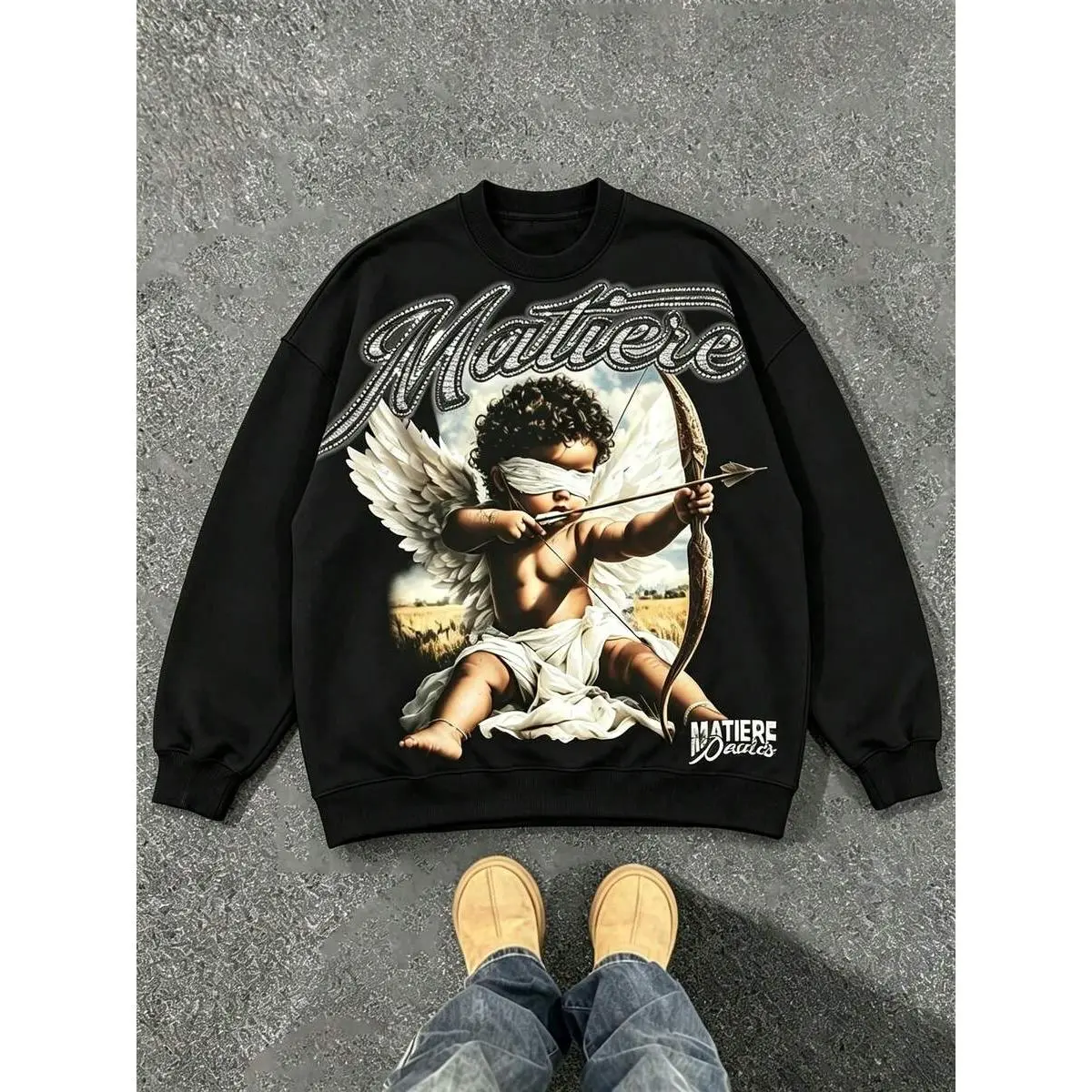 Unisex Y2K Rhinestone Letter Crewneck Sweatshirt, Blindfold Cupid Angel Graphic Retro Hip Hop Oversized Streetwear Long Sleeve Pullover Casual Top
