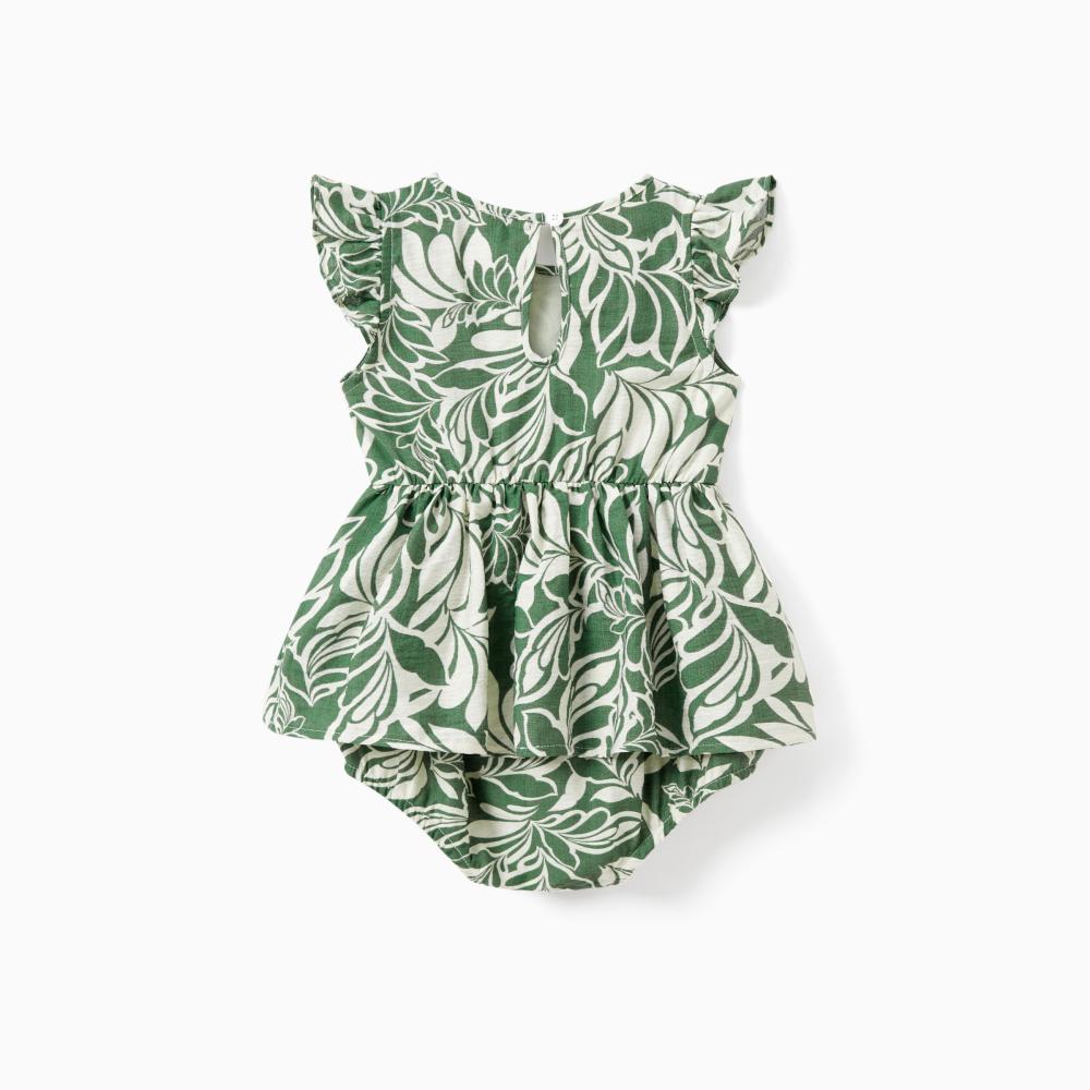 PatPat Family Matching Leaf Print Short-sleeve Shirt or Halter Dress Green Set Spingtok