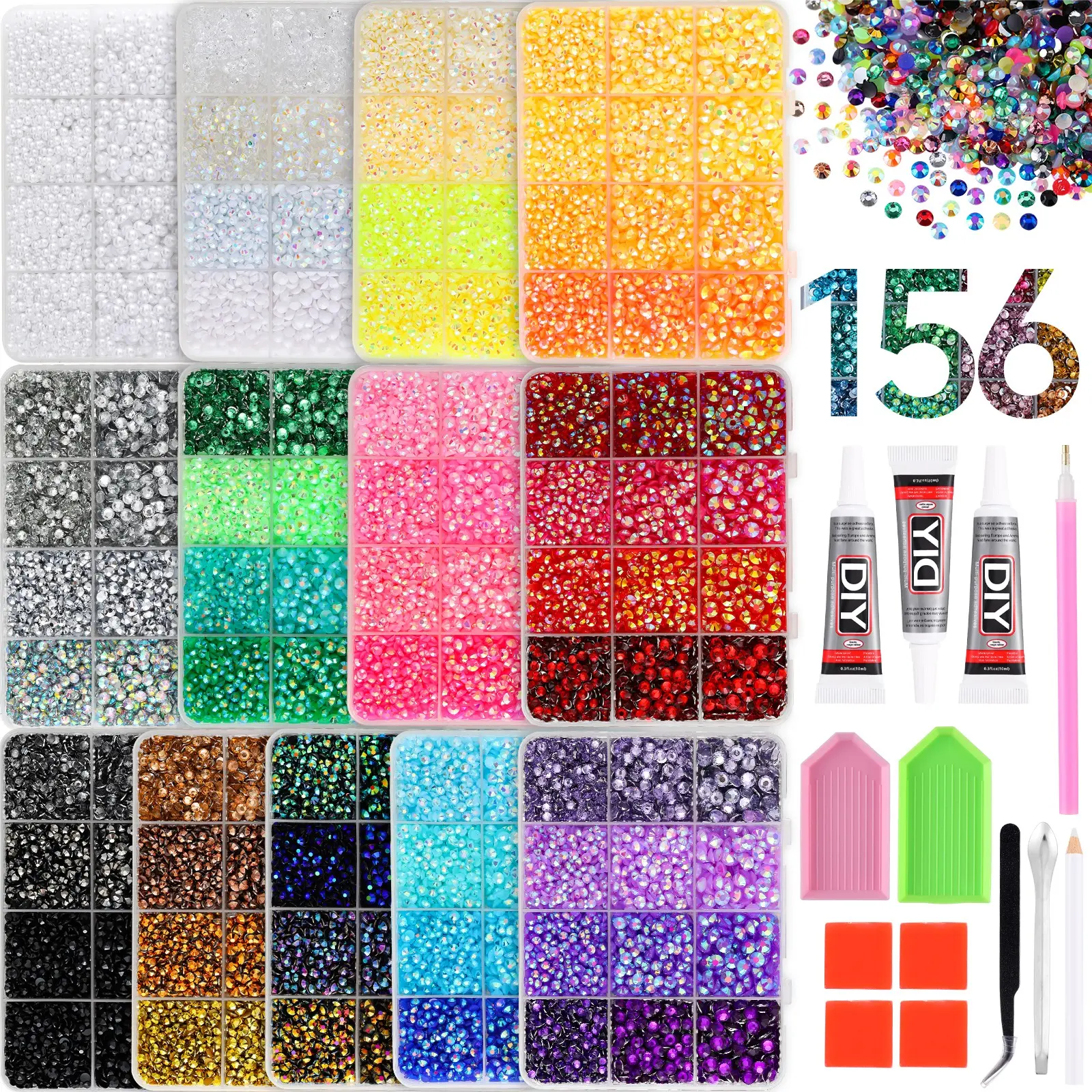 156 Color Resin Rhinestone Set with Tool Kit, Multi-Spec Crystal 3/4/5mm, Ideal for Nail Art, DIY Crafts, Beginners & Enthusiasts。ultimate creative gift for her,graduation gift,class of 2026,summerwins,mid year sale, deals for you。DIY Diamond Bedazzling