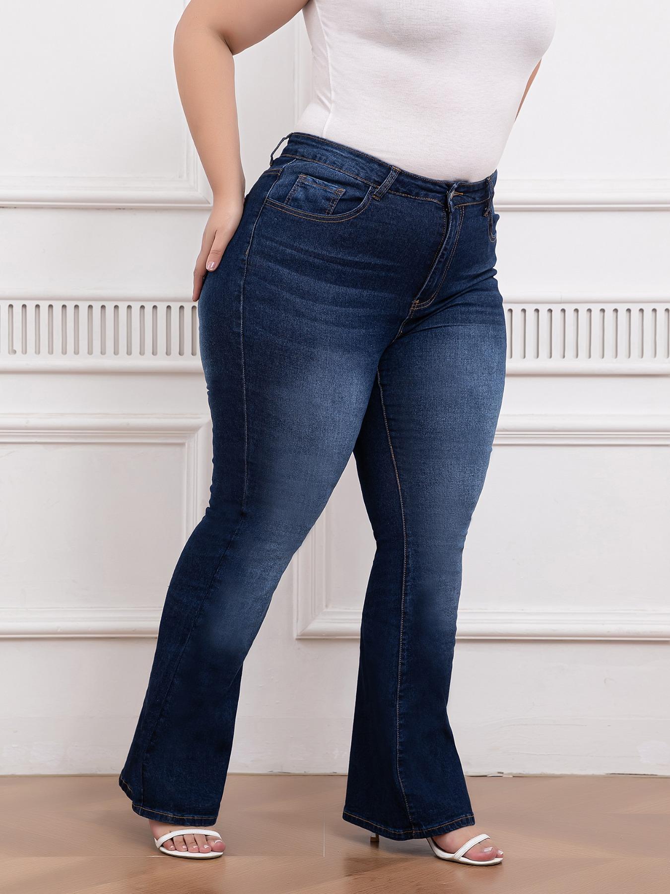 Plus Size Pocket Flare Leg Jeans, Casual Button Fly Bell Bottom Cotton Denim Pants, Women's Bottoms for Daily Wear