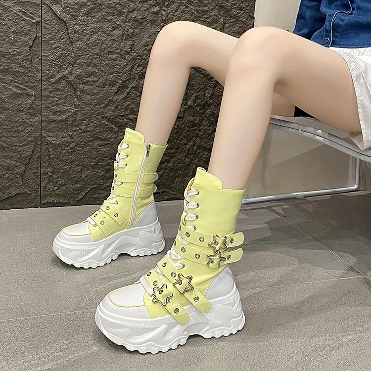 Chunky Platform Thick-Sole Height Increase 1.38 1.97 Lift Lace-Up Round-Toe All-Season All-Terrain Traction Low Heel Rubber Sole Fabric Upper Casual Athletic Wear Brown Black Easy-Clean Hand Washable