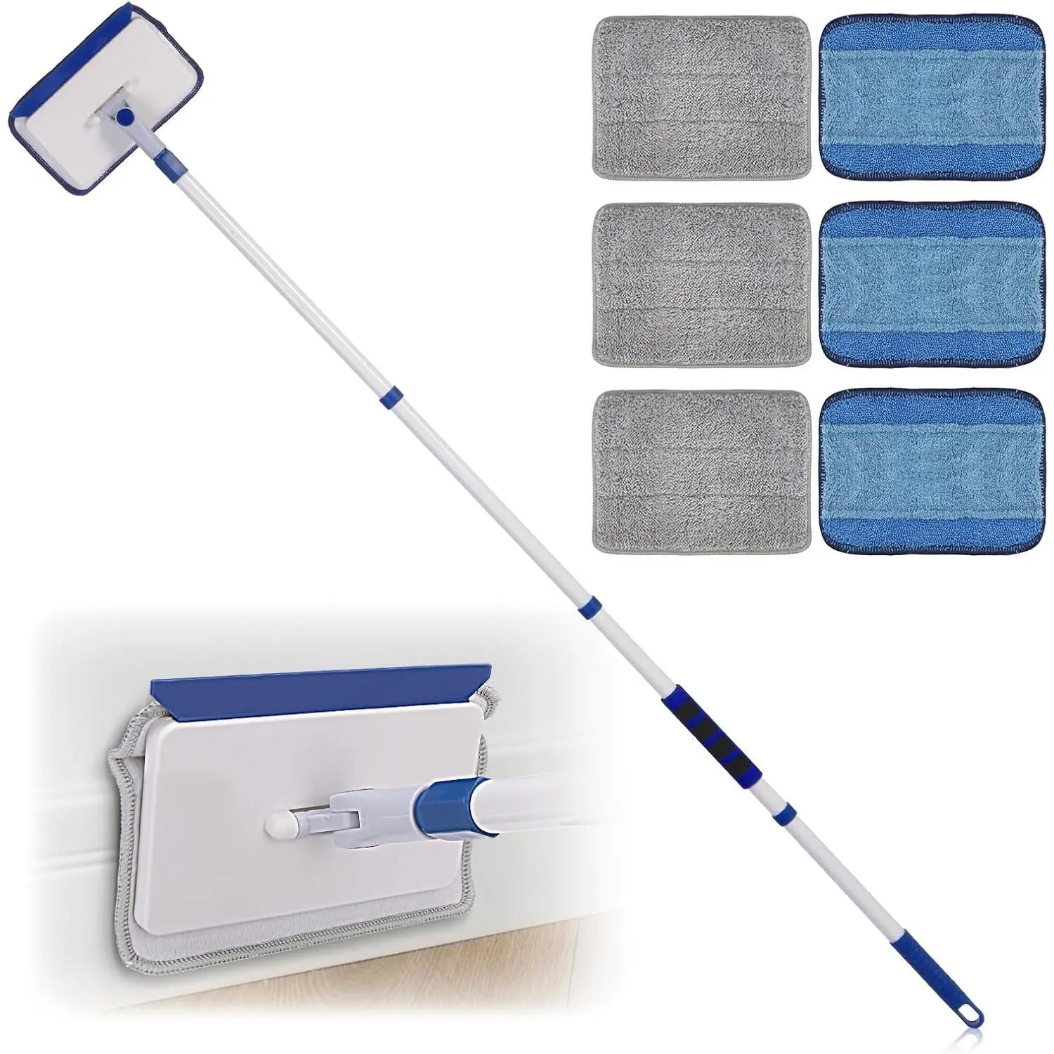 Baseboard Cleaner Tool with Handle, Wall Floor Mop with Extendable Long Handle Duster for Cleaning Window, Floor, Skirting Board, Ceiling, Shower, Tub Tile, Kitchen with 6 Reusable Pads
